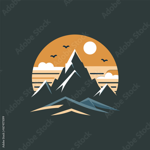A serene mountain landscape at sunset with vibrant colors and birds flying in the sky