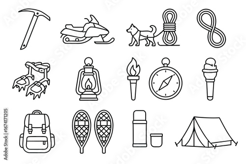 Winter adventure gear: icons of outdoor essentials for exploration