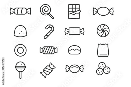 Assorted candy icons: lollipop, chocolate, candy cane, and more