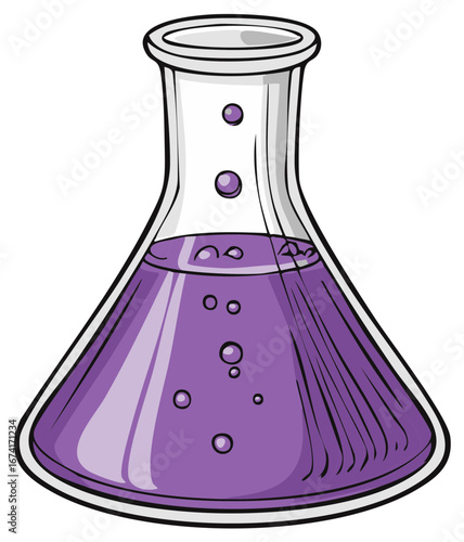 Illustration of laboratory glassware beaker conical flask with purple liquid and bubbles cartoon style