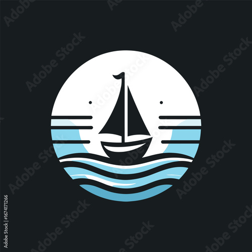 A serene sailing scene with a small boat gliding over calm waters under a full moon