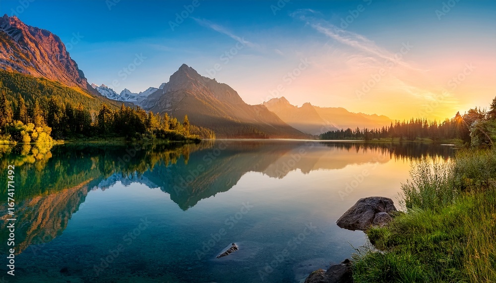 Fototapeta premium a serene landscape featuring mountains and a tranquil lake at sunrise