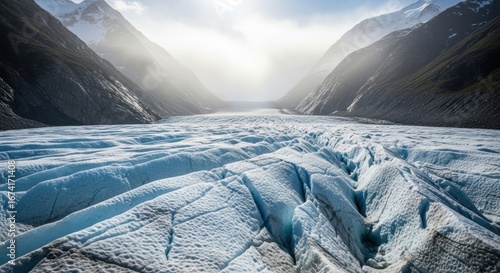 Majestic River of Ice: Sunlit Crevasses Carve a Path Through a Mountain Valley