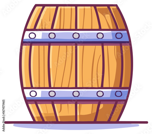 Cartoon wood barrel with metal hoops, vintage container for storage with rustic design and simple illustration style.