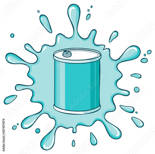 Blue Tin Can with Splashing Liquid, Container Surrounded by Water Droplets, Graphic Cartoon Style Illustration