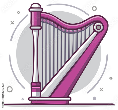 Elegant Pink Harp Illustration with Whimsical Circles and Lines