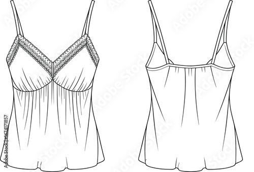 Detailed technical flat sketch of women's sleeveless camisole top with lace trim, front and back views for fashion design and garment production.