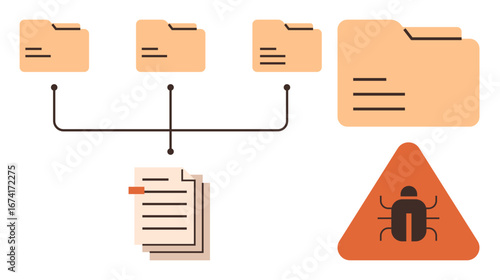 Computer folders connected via lines, stack of documents, and warning icon with a bug highlight cybersecurity. Ideal for data management, antivirus, malware, internet safety, threat analysis, IT