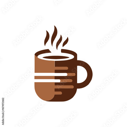 A steaming brown coffee mug on a white background, symbolizing warmth and comfort