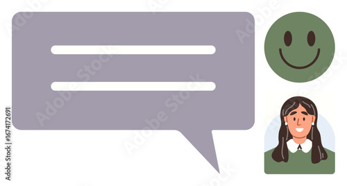 Large purple chat bubble with lines, green happy face, and smiling individual. Ideal for communication, connection, feedback, positivity, teamwork online engagement and friendly interaction. A