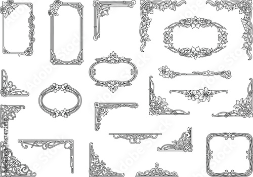 Elegant vintage floral corner frames and decorative border elements with intricate line art, perfect for invitations, certificates, and classic design projects.