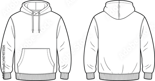 Front and back detailed vector illustration of a classic pullover hoodie with kangaroo pocket, drawstring hood, ribbed cuffs, and waistband, casual streetwear design.