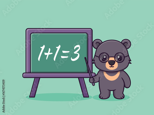 Teacher Sun Bear with a Pointer and Chalkboard Adorable Cartoon Mascot Character Teaching a Math Lesson in a Classroom