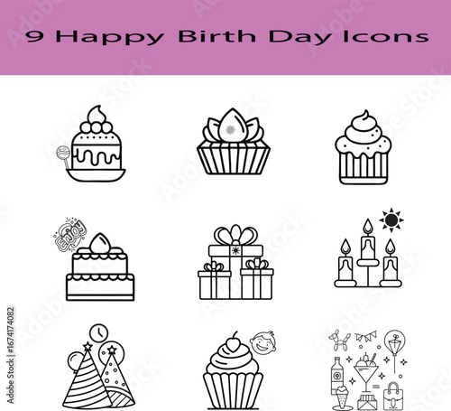 Collection of nine simple birthday icons on a black background