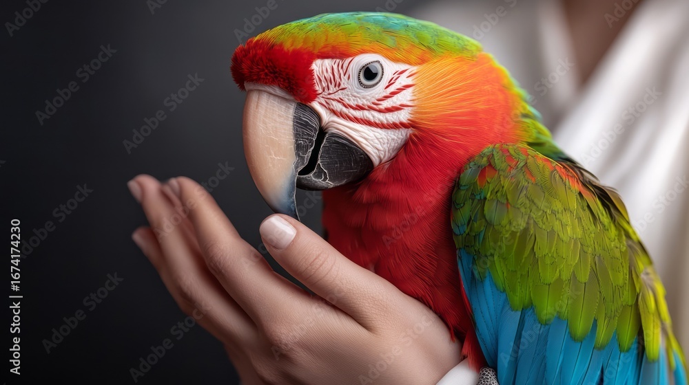 Fototapeta premium Vibrant Macaw Parrot Perched on Human Hand with Colorful Feathers and Detailed Features
