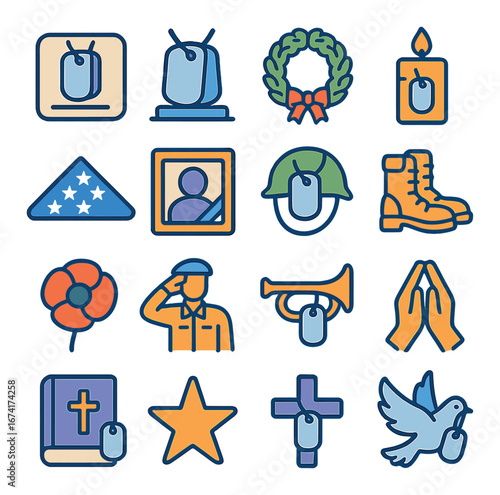Linear veterans day icon set featuring candle, salute, poppy, helmet, boots, wreath, and flag symbols