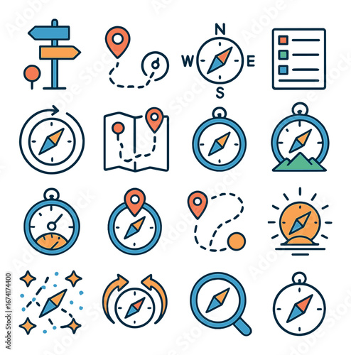 Linear navigation icon set featuring compass, map, gps, itinerary, direction, and location symbols