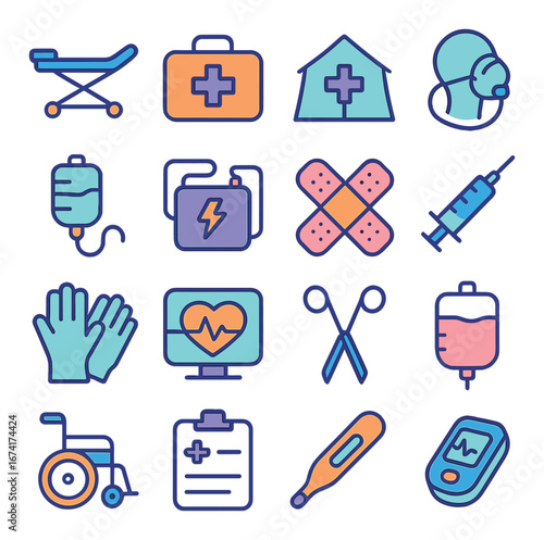 Linear healthcare icon set featuring stretcher, first aid kit, hospital, iv bag, syringe, and thermometer symbols
