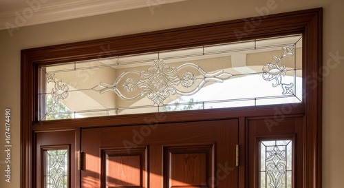 Elegant entryway featuring etched glass transom above a wooden door