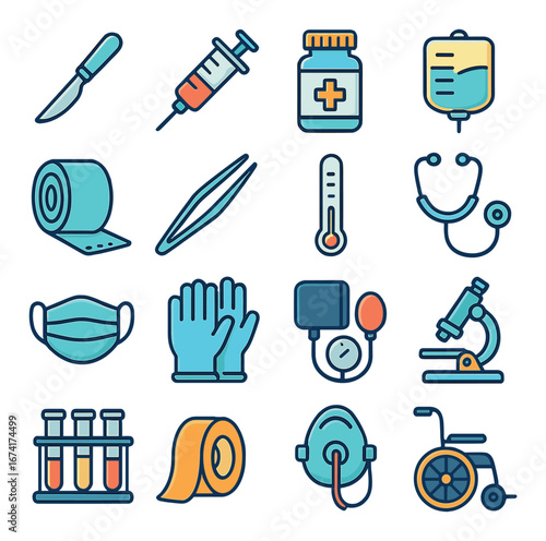 Linear medical icons set featuring scalpel, syringe, pills, iv bag, bandage, tweezers, thermometer, stethoscope