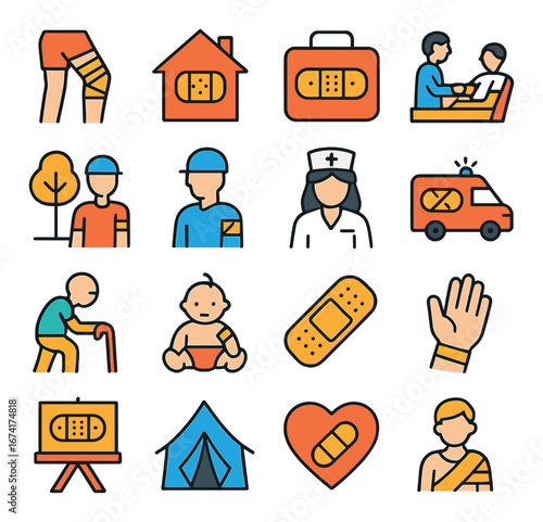 Linear first-aid icon set featuring bandage, nurse, ambulance, baby, patient, exercise, elderly, and camping symbols