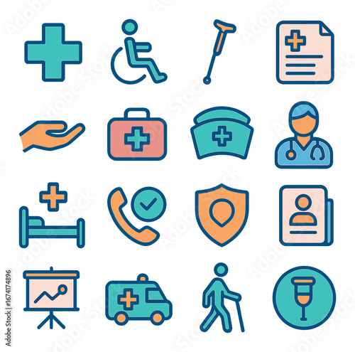 Linear healthcare icons set featuring cross, wheelchair, crutch, document, hand, and medical kit symbols