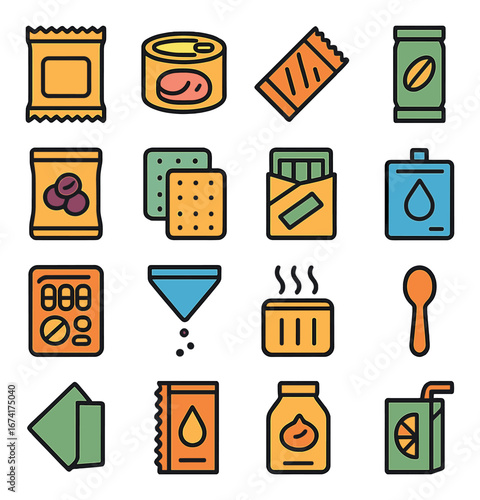 Linear food icon set featuring candy, canned food, chocolate, tea, biscuits, and juice symbols