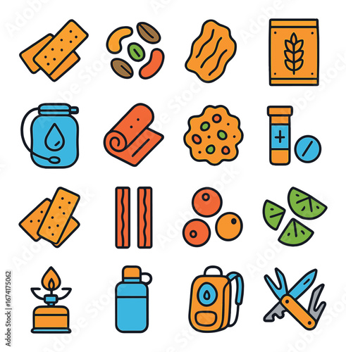 Linear outdoor survival icons set: nutrition bars, seeds, trail mix, matches, and multi-tool