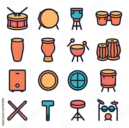 Linear musical instrument icon set featuring drum, conga, bongo, and percussion symbols