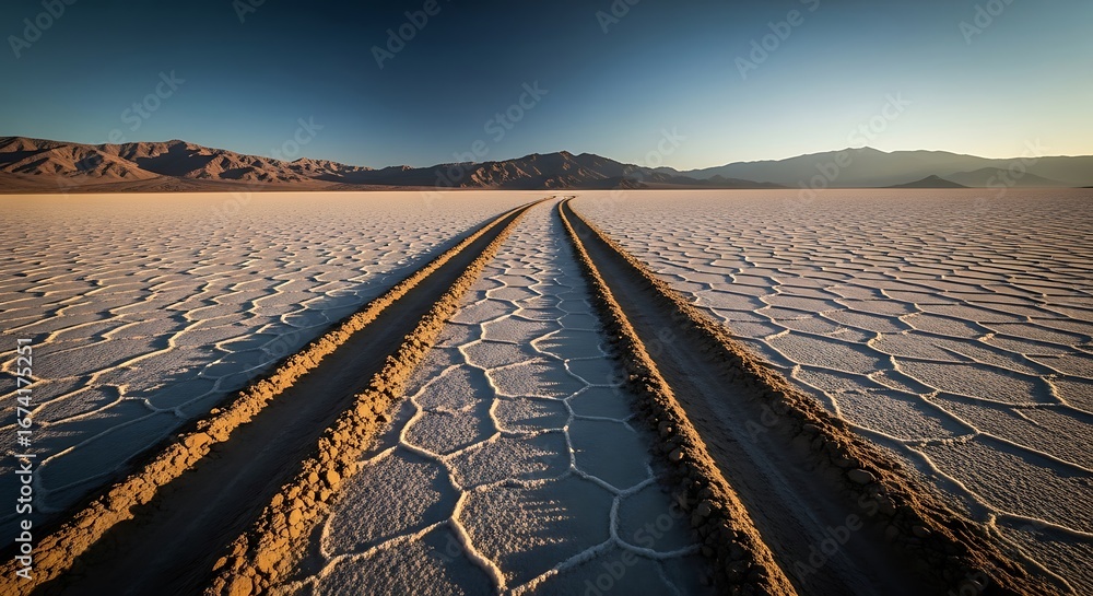 Fototapeta premium Tracks Lead Across Dry Cracked Desert Landscape