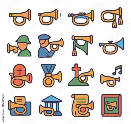 Flat military bugle icon set featuring soldier, horn, medal, and music symbols