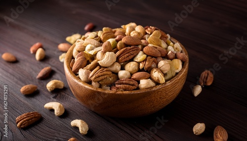 wooden bowl of mixed nuts on dark wood healthy snack food photography