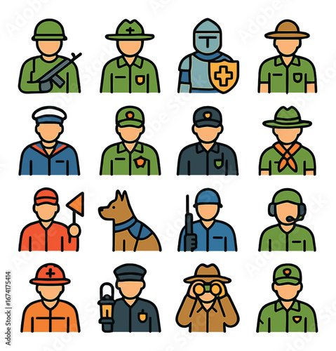 Linear security icon set featuring soldier, police, knight, ranger, guard, scout, radio, dog, and explorer symbols