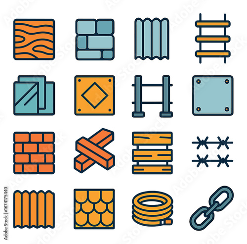Flat construction icons set featuring wood, brick, metal, ladder, fence, rope, chain, pipe, roof tiles
