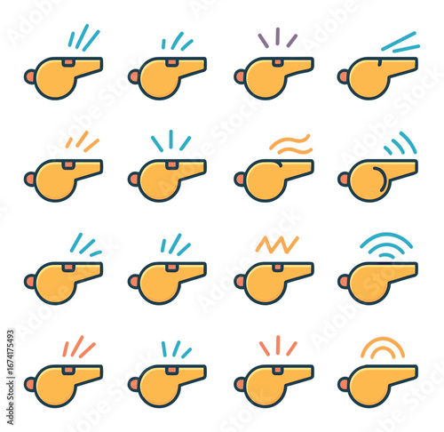 Flat whistle icon set featuring sound, music, alarm, sports, coaching, emergency, attention, and referee symbols