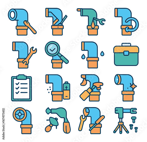 Flat plumbing icons set featuring pipe, wrench, drill, toolbox, clipboard, and valve symbols