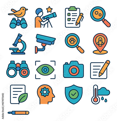 Linear science and observation icon set featuring telescope, microscope, camera, and notepad symbols