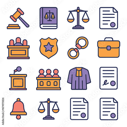 Flat legal icon set featuring gavel, scales, law book, court, police badge, handcuffs, briefcase, document