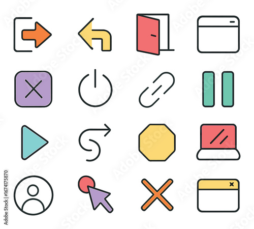 Linear multimedia icon set featuring play, pause, stop, power, link, and navigation symbols