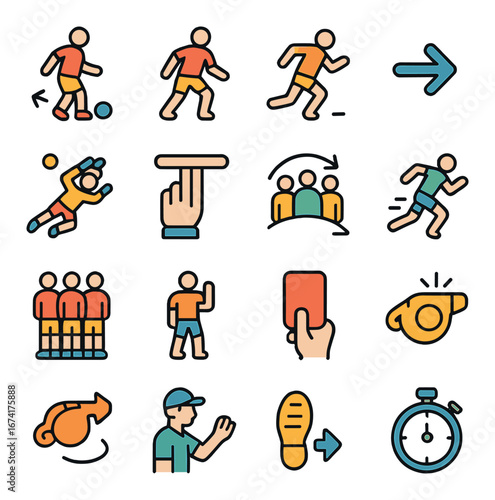Linear soccer icon set featuring player, referee, whistle, red card, stopwatch, and team symbols