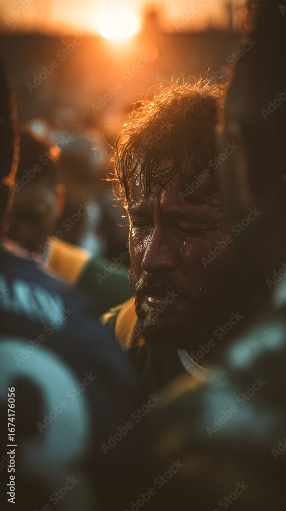 Naklejka premium Intense Final Whistle Jubilation Scene Among Rugby Players Celebrating Victory at Sunset