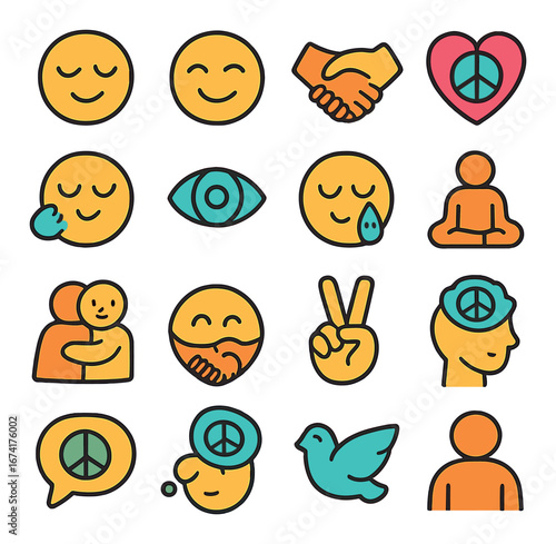 Flat social icon set featuring peace, handshake, meditation, eye, hug, dove, and victory symbols