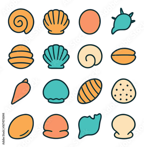 Flat seashell icon set featuring conch, scallop, clam, nautilus, oyster, and sea snail designs