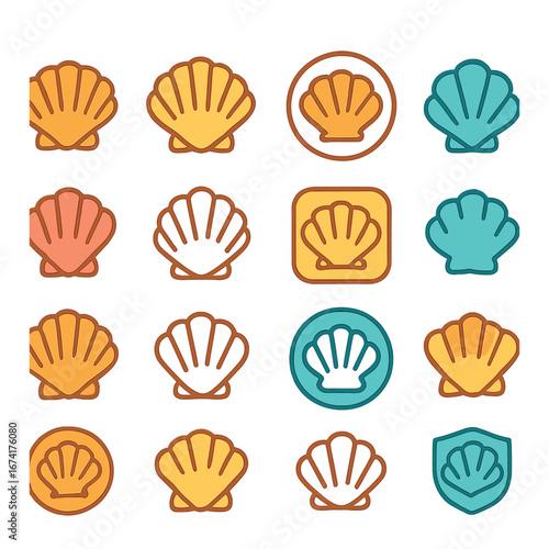 Flat seashell icon set featuring scallop, clam, conch, cockle, mussel, and whelk symbols