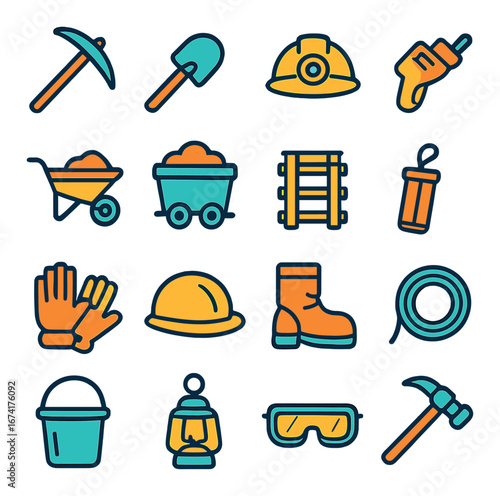 Linear construction icon set featuring hammer, shovel, wheelbarrow, helmet, gloves, lantern, and boots