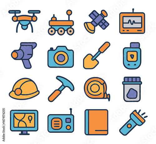 Linear science exploration icon set featuring robot, satellite, camera, compass, helmet, and flashlight symbols