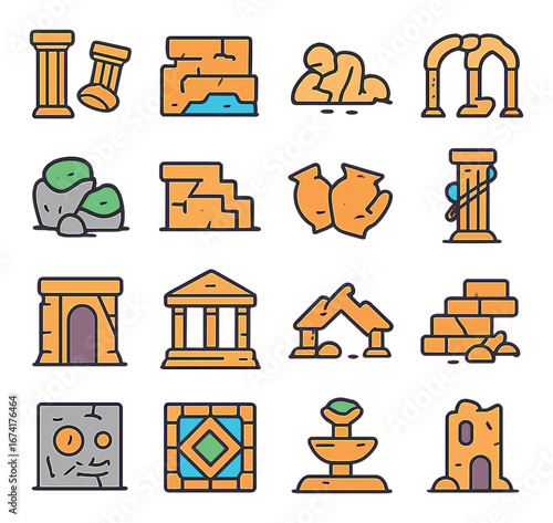 Flat historical icon set featuring columns, ruins, pottery, arches, temple, fountains, and ancient structures