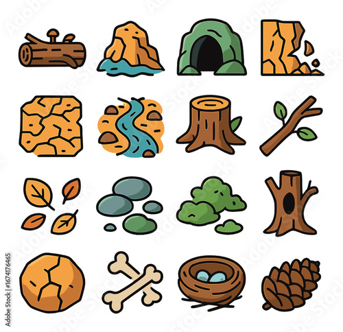 Flat nature habitat icon set featuring log, rock, cave, stump, branch, leaves, stones, and river symbols