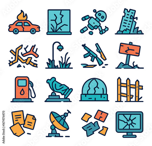 Linear disaster icons set featuring earthquake, flood, fire, robot, ruins, gas, monument, observatory