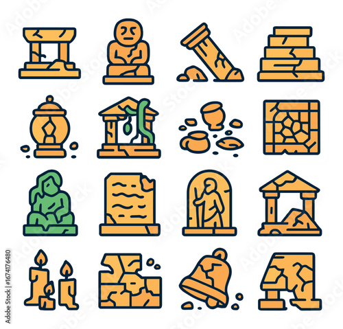 Linear ancient ruins icon set featuring statue, column, temple, pottery, and mosaic symbols
